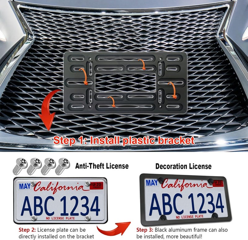 BGGTMO Front License Plate Mounting Kit- Universal License Plate Bracket & Black Aluminum Car Tag Frame for 2 Drill Hole Front Bumper, Adapter Holder with Anti-Theft Screws Bolts Caps Cover Fastener - Image 5